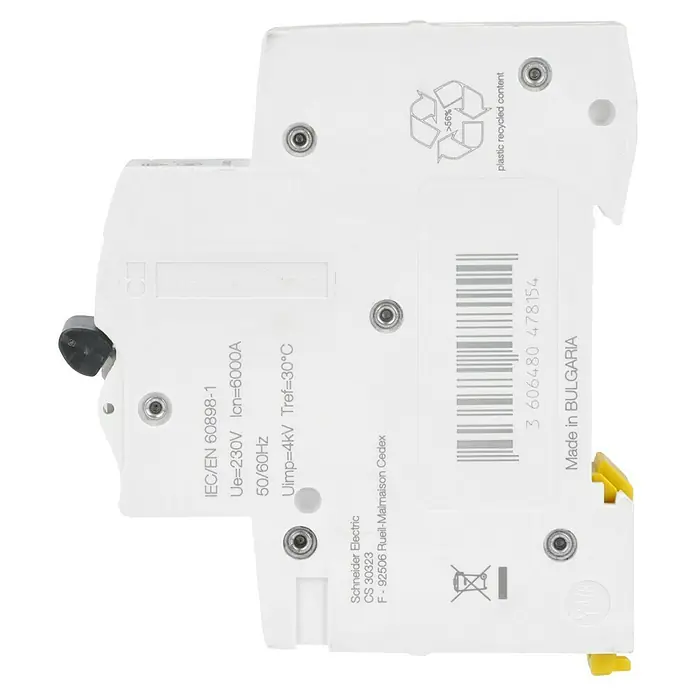 Schneider Electric Leitungsschutzschalter K60N - Auslösecharakteristik: B, 16 A, Bemessungsfehlerstrom: 6 kA, Polanzahl: 1 Stk. - Detailaufnahme eines weißen ABB-Leistungsschutzschalters mit technischen Spezifikationen und Recyclinghinweis.