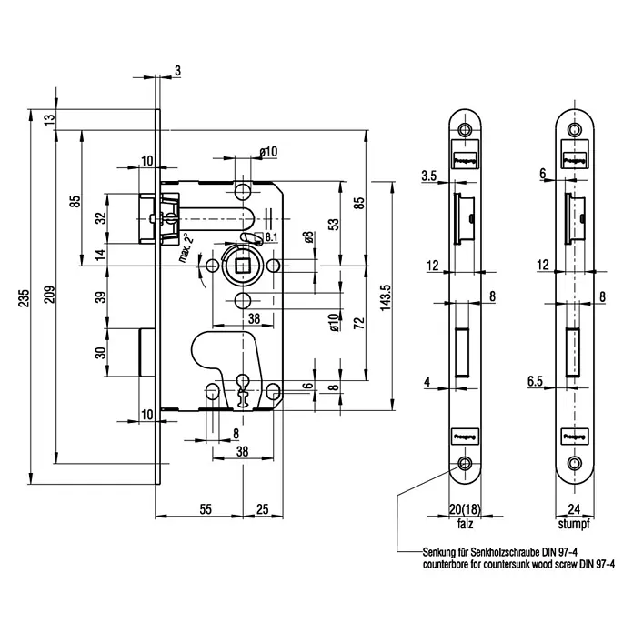 Bks Einsteckschloss 00215 - Rechts, Dornmaß: 55 mm, Distanznorm: 78 mm, Stulpbreite: 20 mm - Technische Zeichnung eines Einsteckschlosses mit genauen Maßangaben für Installation und Design, einschließlich verschiedener Ansichten.