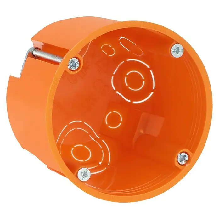 Kaiser Hohlwanddose 9064-02 - 68 x 62 mm, Hohlwand, Orange, 1 Stk. - Nahaufnahme einer orangefarbenen Unterputzdose mit diversen Ausbrechöffnungen und Befestigungsschrauben.