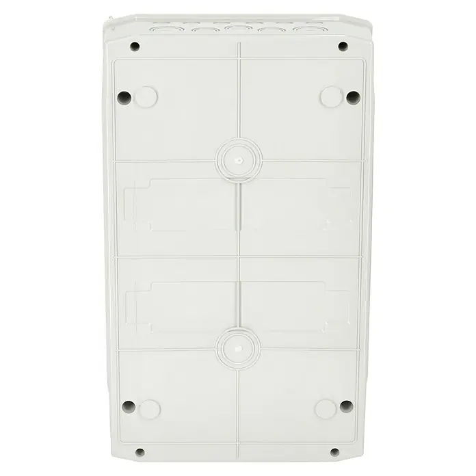 ETI Aufputz-Verteiler Feuchtraum ECH-36PT - Anzahl Reihen: 3 Stk., 31,9 x 53,5 cm, Lichtgrau - Detailansicht einer weißen Verteilerdose mit vorgeprägten Kabeleinführungen und Befestigungslöchern. Ideal für Elektroinstallationen.