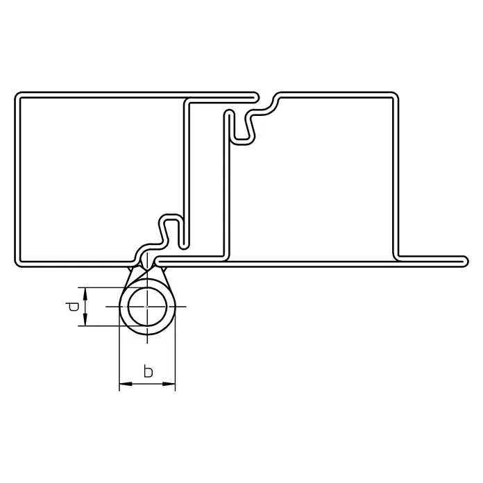Simonswerk Türband - Länge: 60 mm, Durchmesser Rolle: 10 mm, Stahl - Schematische Darstellung eines Metallprofils mit Maßen 'p' und 'b', das technische Details hervorhebt.