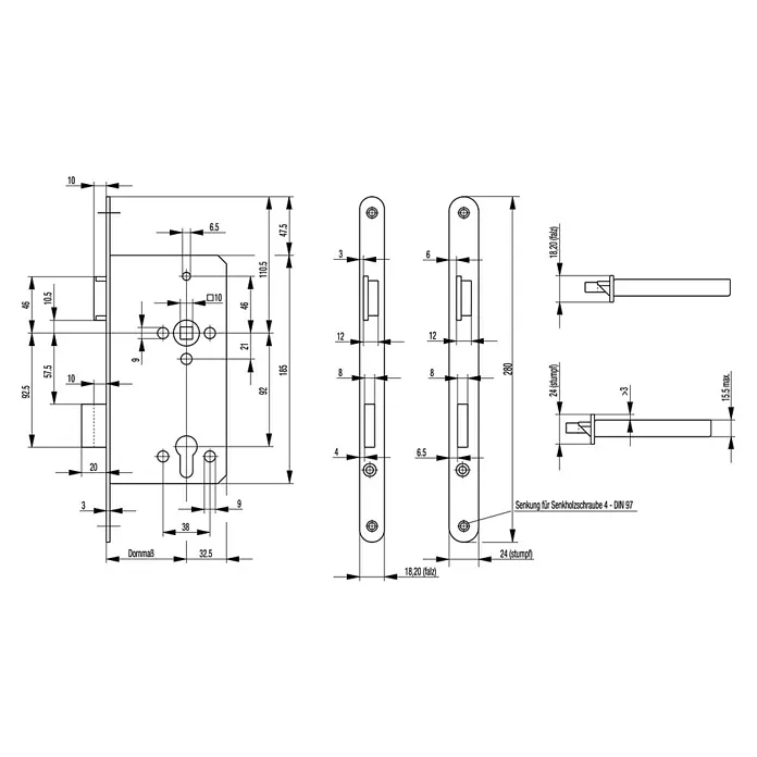 Bks Einsteckschloss 00240 - Links, Dornmaß: 65 mm, Distanznorm: 92 mm, Stulpbreite: 24 mm - Technische Zeichnung eines Kastenschlosses mit Maßen für Montage und Konstruktion, inklusive Ansichten für Falz- und Stumpfausführungen.
