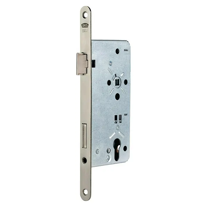 Bks Einsteckschloss 00240 - Links, Dornmaß: 65 mm, Distanznorm: 92 mm, Stulpbreite: 20 mm - Abgebildet ist ein BKS-Einsteckschloss, ein hochwertiges Türschloss aus deutscher Fertigung, das für Sicherheit und Langlebigkeit steht.