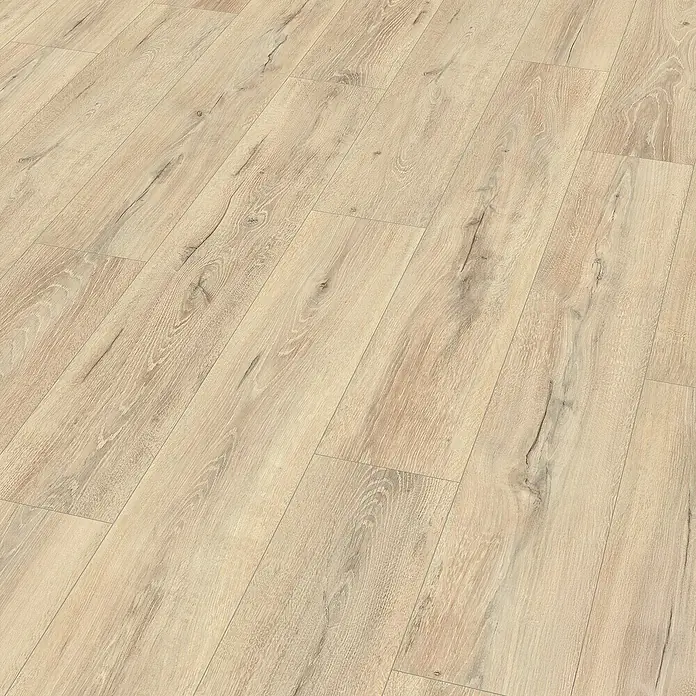 Egger Laminat NatureSense Aqua - Melba Eiche beige, Landhausdiele, 1.292 x 193 x 8 mm - Helles Laminat mit Holzstruktur. Das Laminat hat eine helle, natürliche Farbe und eine ausgeprägte Holzmaserung.