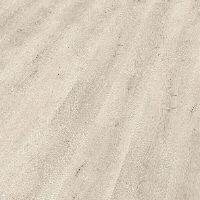 Egger Laminat NatureSense Aqua - Pinot Eiche weiß, Landhausdiele, 1.292 x 193 x 8 mm - Nahaufnahme eines hellen Laminatbodens mit natürlicher Holzoptik und feiner Maserung für ein modernes Wohnambiente.