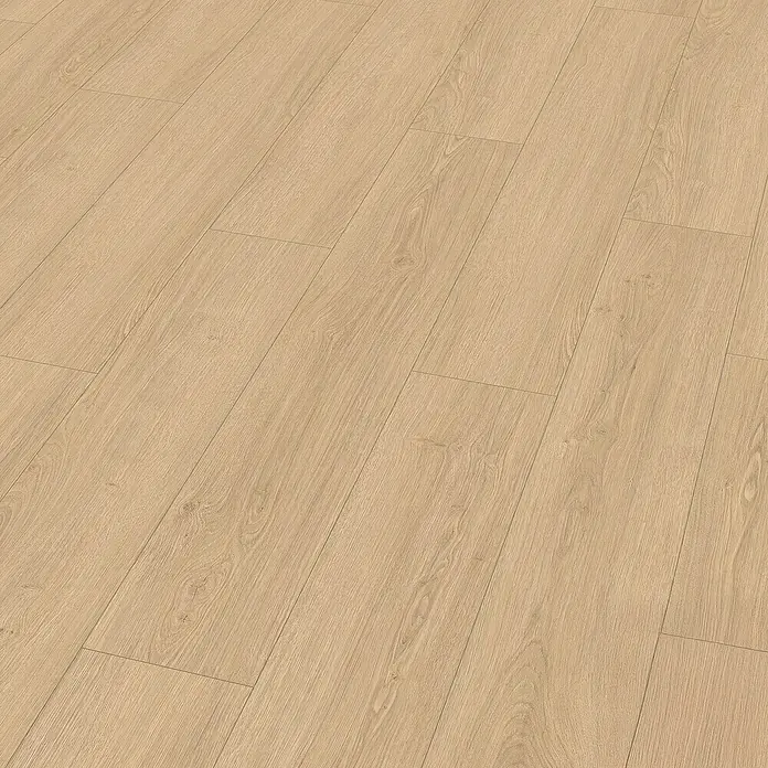Egger Laminat NatureSense Aqua - Victoria Eiche natur, Landhausdiele, 1.292 x 193 x 8 mm - Nahaufnahme von Laminatboden mit hellem Holzdekor, ideal für moderne Innenräume. Die feine Holzstruktur sorgt für eine warme, natürliche Optik.