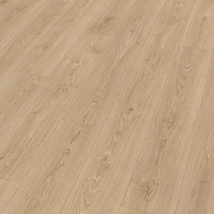 Egger Laminat NatureSense Aqua - Treviso Eiche braun, Landhausdiele, 1.292 x 193 x 8 mm - Detailaufnahme eines hellen Laminatbodens mit sichtbarer Holzmaserung und Fugen.