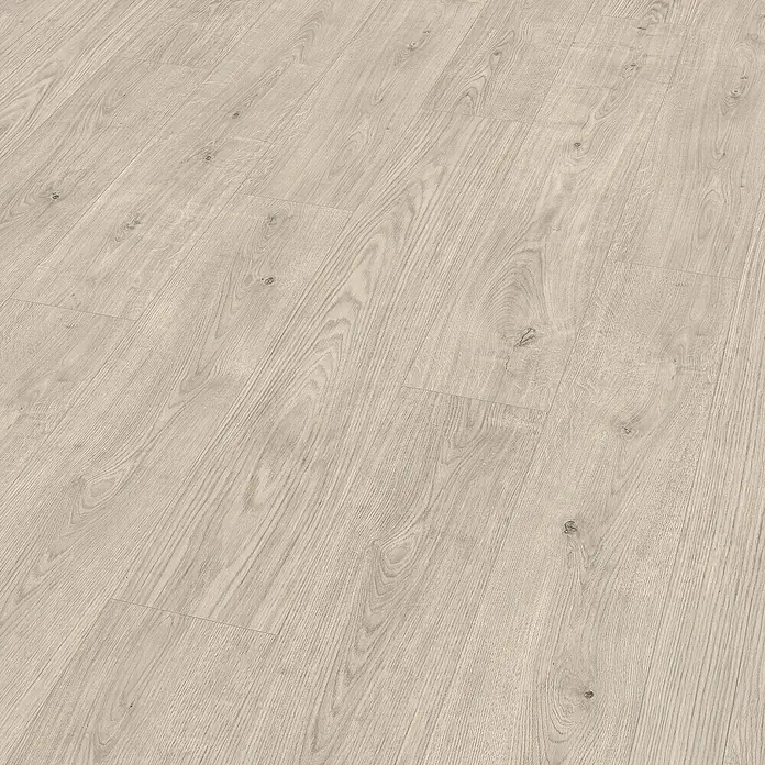 Egger Laminat NatureSense Aqua - Berdal Eiche grau, Landhausdiele, 1.292 x 193 x 8 mm - Nahaufnahme eines hellen Laminatbodens mit Maserung.