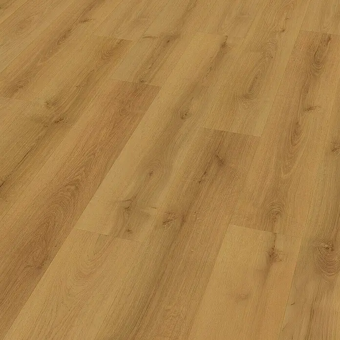 Egger Laminat Aquadura+ - Meran Eiche, Landhausdiele, 1.292 x 193 x 7,5 mm - Nahaufnahme eines Laminatbodens in warmen Holztönen, der eine realistische Holzstruktur und ein elegantes Muster zeigt.
