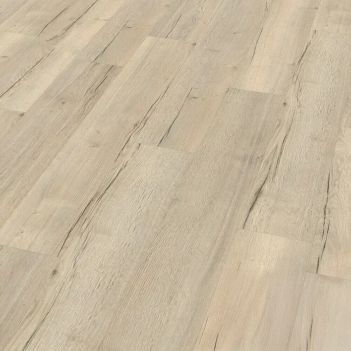 Egger Laminat Aquadura+ - Halifax Eiche weiss, Landhausdiele, 1.292 x 193 x 7,5 mm - Ein warmes, helles Laminatbodenmuster mit einer realistischen Holzstruktur und feinen Rissen für ein natürliches Aussehen.