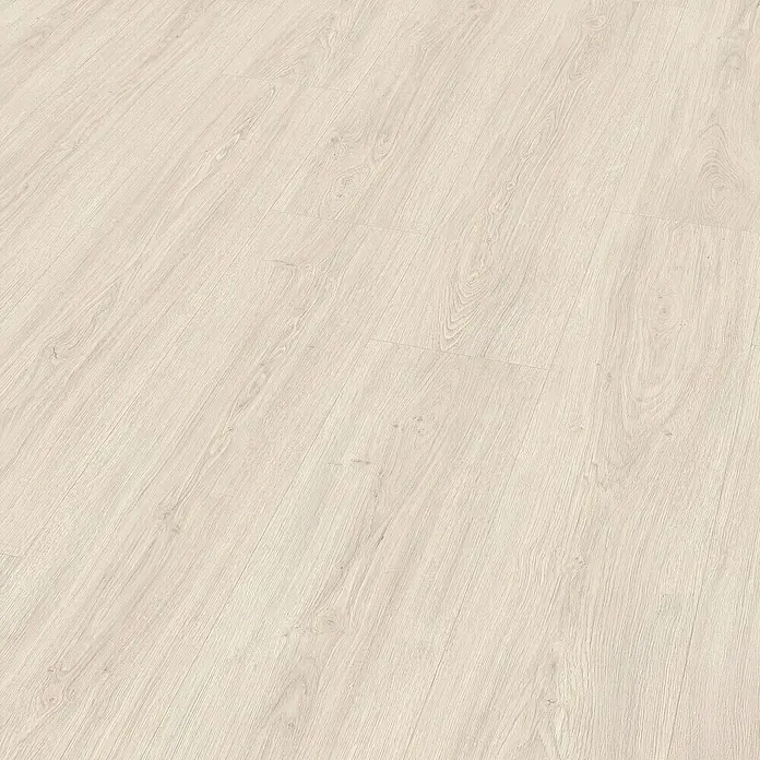 Egger Laminat NatureSense Aqua - Victoria Eiche weiß, Landhausdiele, 1.292 x 246 x 8 mm - Nahaufnahme eines hellen Laminatbodens mit Holzmaserung. Das Laminat verleiht dem Raum eine freundliche und moderne Optik.