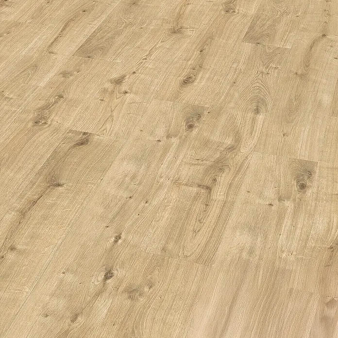 Egger Laminat Aquadura+ - Westport Eiche hell, Landhausdiele, 1.292 x 193 x 7,5 mm - Nahaufnahme von hellem Laminatboden, der die Holzstruktur und die Paneele detailreich zeigt. Ideal für die Raumgestaltung.
