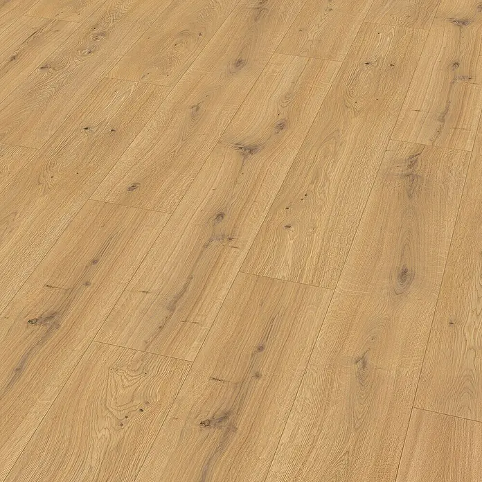 Egger Laminat NatureSense Aqua - Predaia Eiche honig, Landhausdiele, 1.292 x 193 x 10 mm - Nahaufnahme von hellem Eichenlaminatboden mit natürlichen Holzmaserungen und Astlöchern, ideal für moderne Innenräume.