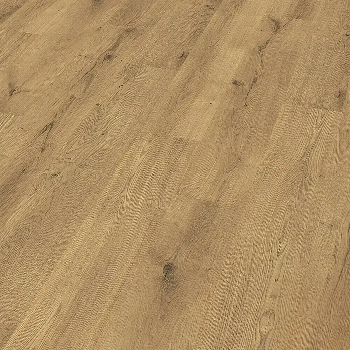 Egger Laminat NatureSense Aqua - Lausanne Eiche natur, Landhausdiele, 1.292 x 193 x 10 mm - Nahaufnahme eines Holzfußbodens mit Maserung, der eine warme, natürliche Ästhetik und Haltbarkeit für jeden Raum bietet.