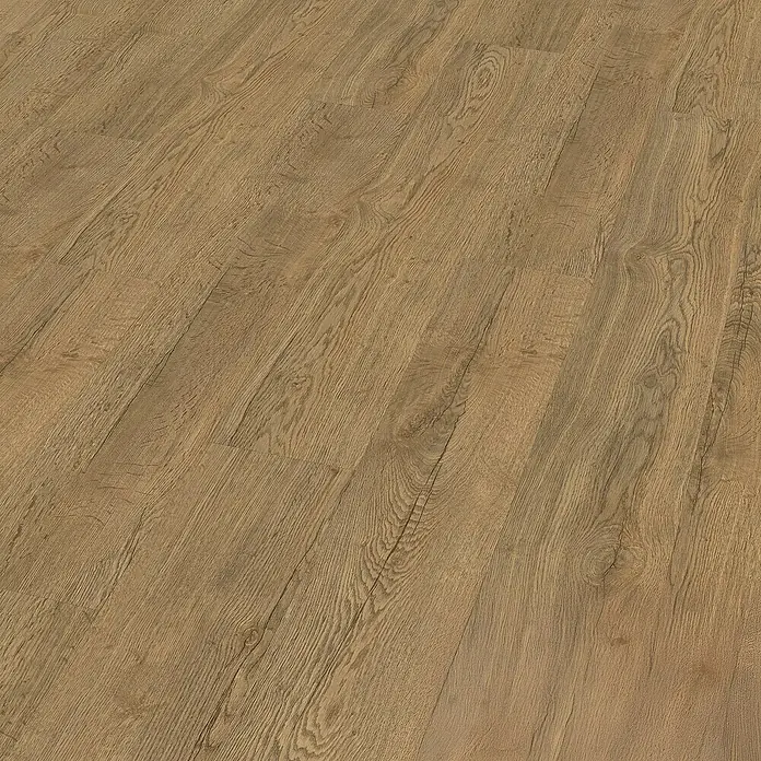 Egger Laminat Aquadura+ - Elva Eiche braun, Landhausdiele, 1.292 x 193 x 7,5 mm - Nahaufnahme von warmen, hellbraunen Laminatboden mit Maserung. Das Laminat sorgt für eine gemütliche und einladende Atmosphäre im Raum.