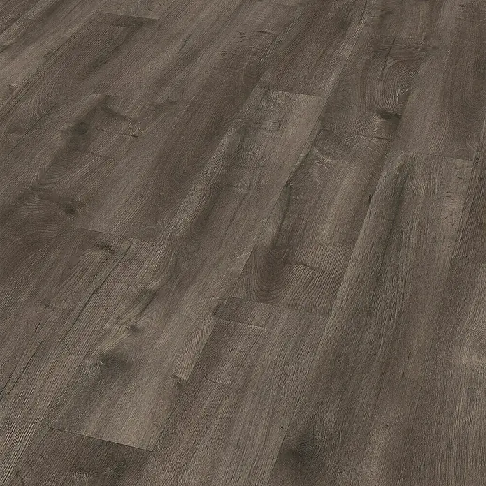 Egger Laminat NatureSense Aqua - Loja Eiche grau, Landhausdiele, 1.292 x 193 x 8 mm - Nahaufnahme eines modernen, dunklen Laminatbodens. Das Laminat zeichnet sich durch eine realistische Holzoptik und eine matte Oberfläche aus.