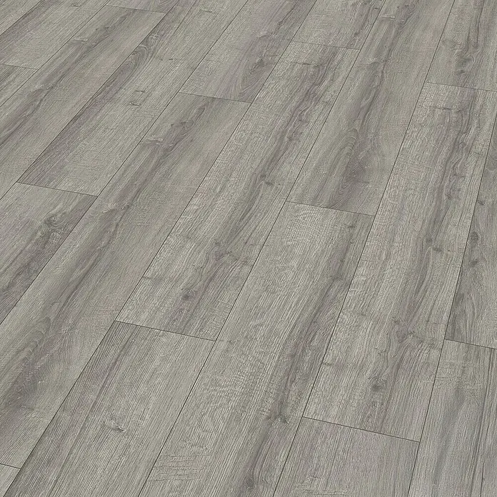 Egger Laminat NatureSense Aqua - Sherman Eiche hellgrau, Landhausdiele, 1.292 x 193 x 8 mm - Grauer Laminatboden mit Holzmaserung, ideal für ein modernes und stilvolles Zuhause. Die Oberfläche ist robust und pflegeleicht.