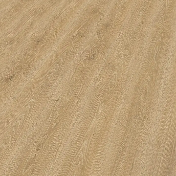Egger Laminat Aquadura+ - Camden Eiche natur, Landhausdiele, 1.292 x 193 x 7,5 mm - Detailaufnahme eines hellen Laminatbodens mit natürlicher Holzmaserung, ideal für moderne Wohnräume.\n