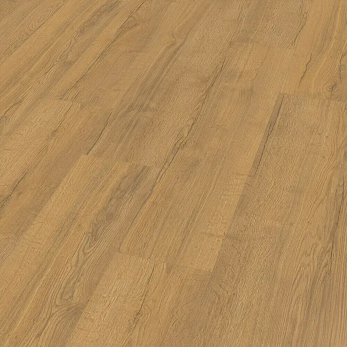 Egger Laminat NatureSense Aqua - Elva Eiche honig, Landhausdiele, 1.292 x 246 x 8 mm - Nahaufnahme eines Laminatbodens mit Holzstruktur in warmen Brauntönen, der eine natürliche und einladende Atmosphäre schafft.
