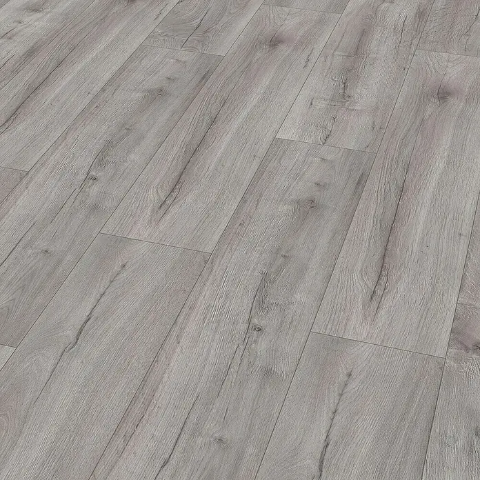 Egger Laminat NatureSense Aqua - Loja Eiche hellgrau, Landhausdiele, 1.292 x 246 x 8 mm - Hellgrauer Laminatboden mit Holzmaserung, ideal für moderne Innenräume, die eine elegante und pflegeleichte Oberfläche benötigen.