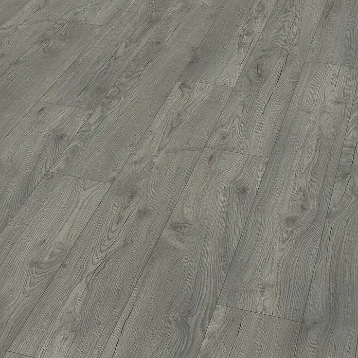 Egger Laminat NatureSense Aqua - Avery Eiche grau, Landhausdiele, 1.292 x 193 x 10 mm - Graue Holzbodenstruktur mit natürlicher Maserung. Das Parkettmuster sorgt für ein modernes und stilvolles Ambiente im Raum.