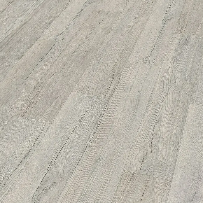 Egger Laminat NatureSense Aqua - Elva Eiche grau, Landhausdiele, 1.292 x 193 x 10 mm - Bild von hellem Holzboden mit realistischer Maserung. Das Laminat ahmt Echtholz täuschend echt nach und sorgt für ein warmes Ambiente.