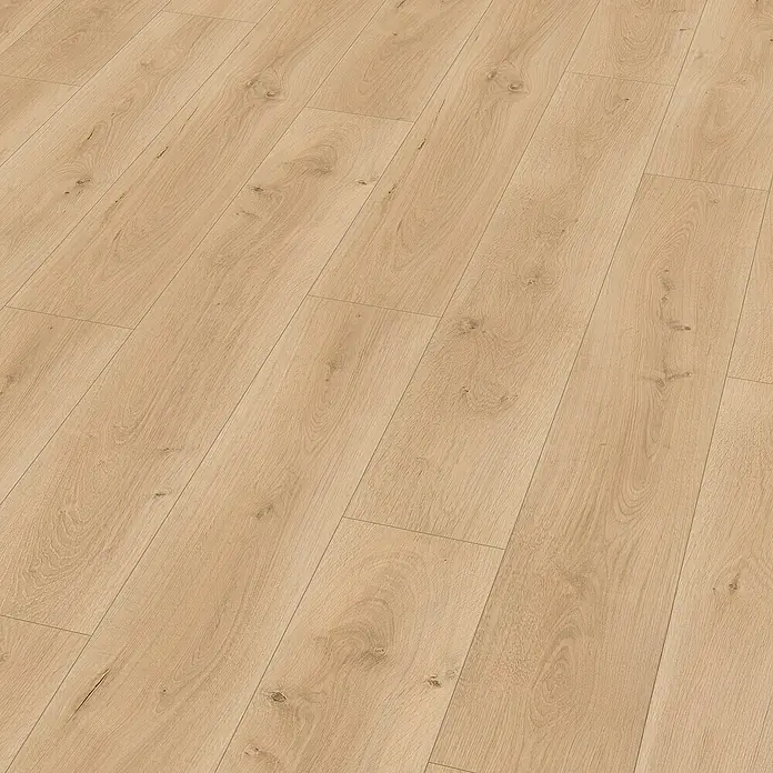 Egger Laminat NatureSense Aqua - Pinot Eiche sand, Landhausdiele, 1.292 x 193 x 10 mm - Nahaufnahme von hellem Laminatboden mit Holzmaserung. Ideal für moderne Wohnräume.