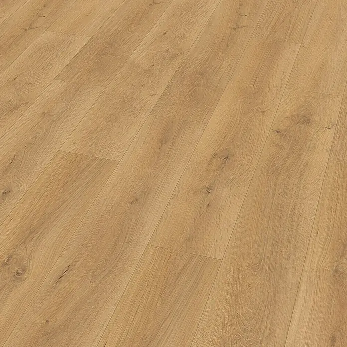 Egger Laminat NatureSense Aqua - Pinot Eiche honig, Landhausdiele, 1.292 x 193 x 10 mm - Nahaufnahme von Paneelen eines hellbraunen Laminatbodens mit realistischer Holzstruktur und Fugen, ideal für modernes Wohndesign.