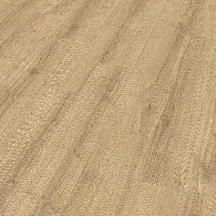 Egger Laminat NatureSense Aqua - Sherman Eiche hellbraun, Landhausdiele, 1.292 x 193 x 10 mm - Nahaufnahme von hellem Laminatboden mit Holzstruktur, ideal für moderne Innenräume und einfache Installation.