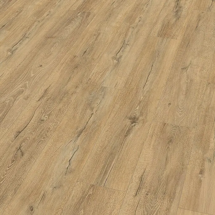 Egger Laminat NatureSense Aqua - Melba Eiche natur, Landhausdiele, 1.292 x 193 x 10 mm - Detailaufnahme des strukturierten Laminatbodens in warmen Brauntönen mit realistischer Holzoptik für ein gemütliches Ambiente.