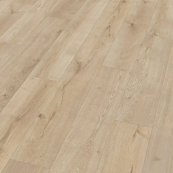 Egger Laminat NatureSense Aqua - Lausanne Eiche hell, Landhausdiele, 1.292 x 193 x 10 mm - Nahaufnahme eines hellen Laminatbodens, der durch seine Holzstruktur und Paneeloptik eine warme und einladende Atmosphäre schafft.