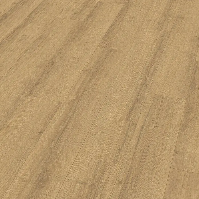 Egger Laminat NatureSense Aqua - Sherman Eiche honig, Landhausdiele, 1.292 x 246 x 8 mm - Helles Laminat mit Holzmuster. Die Textur und Farbe verleihen dem Boden ein natürliches Aussehen, ideal für Wohnbereiche.