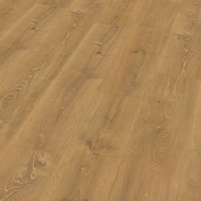 Egger Laminat Aquadura+ - Waltham Eiche natur, Landhausdiele, 1.292 x 246 x 7,5 mm - Nahaufnahme von hellbraunem Laminatboden, der eine natürliche Holzoptik aufweist und ein warmes, einladendes Ambiente vermittelt.