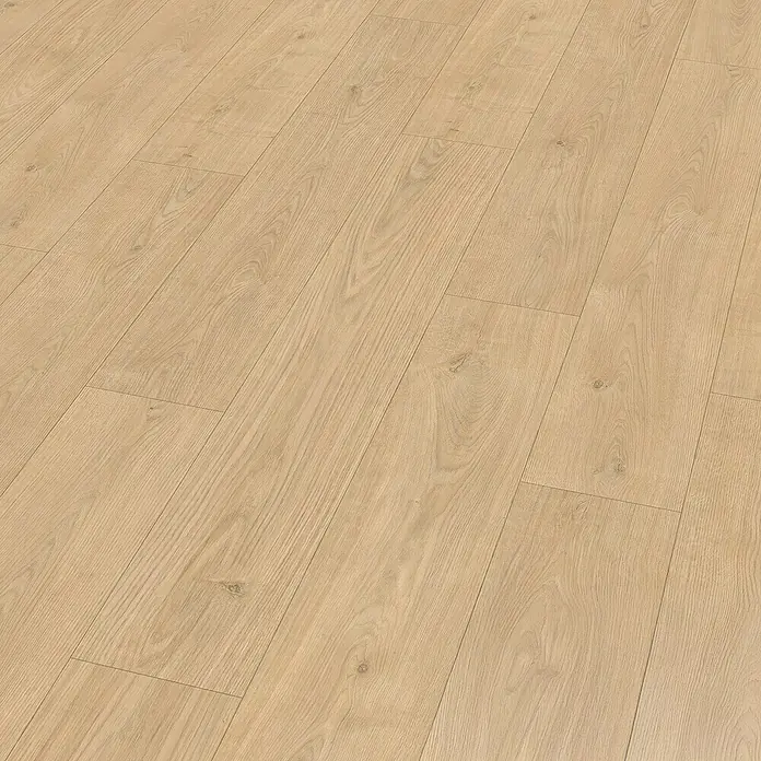 Egger Laminat Aquadura+ - Berdal Eiche hellbraun, Landhausdiele, 1.292 x 193 x 7,5 mm - Nahaufnahme eines Laminatbodens, der die Textur und das Muster des Holzes hervorhebt.