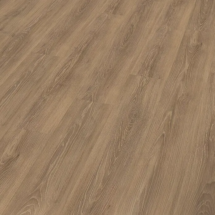 Egger Laminat Aquadura+ - Capri Eiche braun, Landhausdiele, 1.292 x 193 x 7,5 mm - Nahaufnahme eines Laminatbodens mit Holzmaserung in warmen Brauntönen, der eine realistische und stilvolle Bodenlösung zeigt.