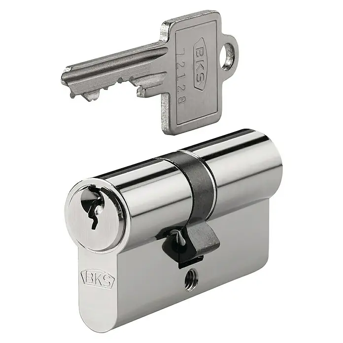Bks Profilzylinder PZ 88 40/40 MM - Baulänge innen: 40 mm, Baulänge außen: 40 mm, Anzahl Schlüssel: 3 Stk. - Abbildung eines BKS-Schließzylinders mit zugehörigem Schlüssel. Ideal für Sicherheit und Schutz Ihres Zuhauses.