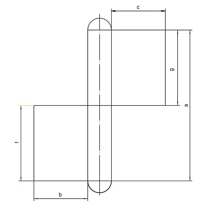 Simonswerk Türband - B x L: 50 x 160 mm, Durchmesser Rolle: 22 mm, Stahl, Passend für: Stahlfenster und Stahltüren - Technische Zeichnung eines Werkstücks mit verschiedenen Abmessungen, gekennzeichnet mit Buchstaben a, b, c, f und g. Detailgenaue Darstellung für Fertigungszwecke.