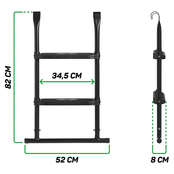 Salta Trampolin-Leiter - Länge: 82 cm, Stahl, Schwarz - Produktbild einer schwarzen Poolleiter mit den Maßen 82 cm Höhe, 34,5 cm Breite und 52 cm Tiefe, sowie eine Seitenansicht mit 8 cm Tiefe.