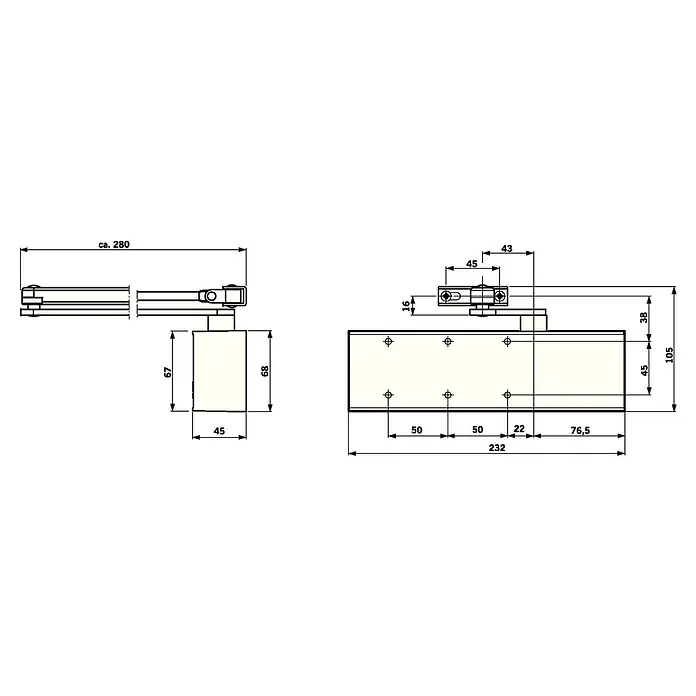 dormakaba Türschließer TS 72 EN 2-4 - Silber, Max. Türbreite: 1.100 mm - Produktansicht: Technische Zeichnung eines Türschließers mit detaillierten Maßangaben für Installation und Design, ideal für Architekten.