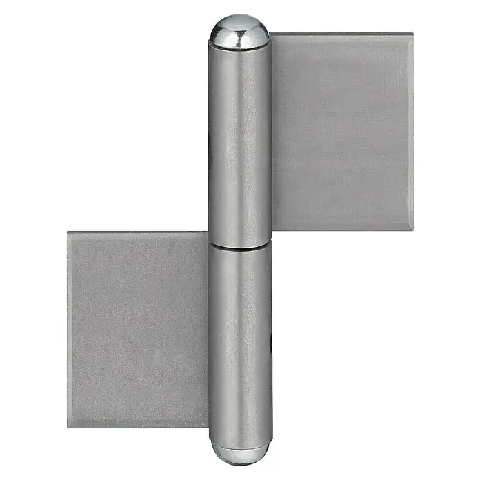 Simonswerk Türband - B x L: 50 x 160 mm, Durchmesser Rolle: 22 mm, Stahl, Passend für: Stahlfenster und Stahltüren - Nahaufnahme eines Türbandes aus Edelstahl mit zwei rechteckigen Platten, verbunden durch ein zylindrisches Scharnier.