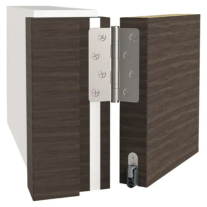 Athmer Türdichtung SCHALL-EX - L x B x H: 958 x 15 x 30 mm - Einblick in eine Holztür mit einem silbernen Scharnier. Detailaufnahme der Türkonstruktion und des Scharniersystems.