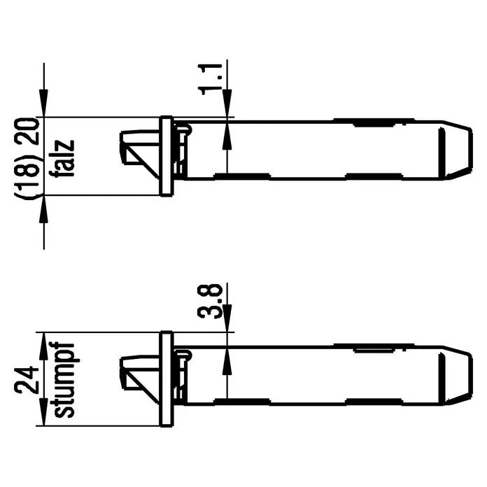 Bks Einsteckschloss 00215 - Rechts, Dornmaß: 55 mm, Distanznorm: 72 mm, Stulpbreite: 20 mm - Technische Zeichnung einer Türdichtung mit den Maßen 24 stumpf und (18) 20 falz, mit einer Detailansicht der Profildicke von 1.1 bzw. 3.8.