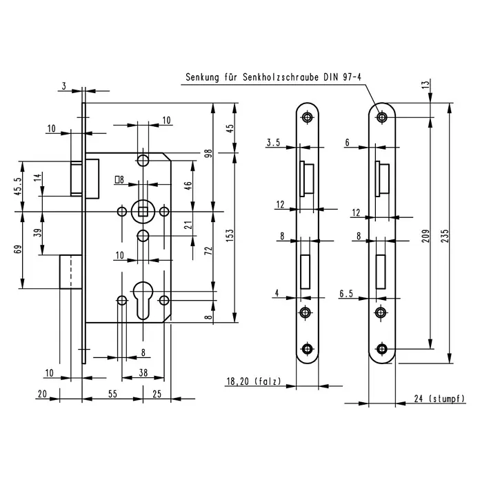 Bks Einsteckschloss 00415 - Links, Dornmaß: 55 mm, Distanznorm: 72 mm, Stulpbreite: 20 mm - Technische Zeichnung eines Türschlosses mit detaillierten Maßangaben für Montage und Konstruktion.