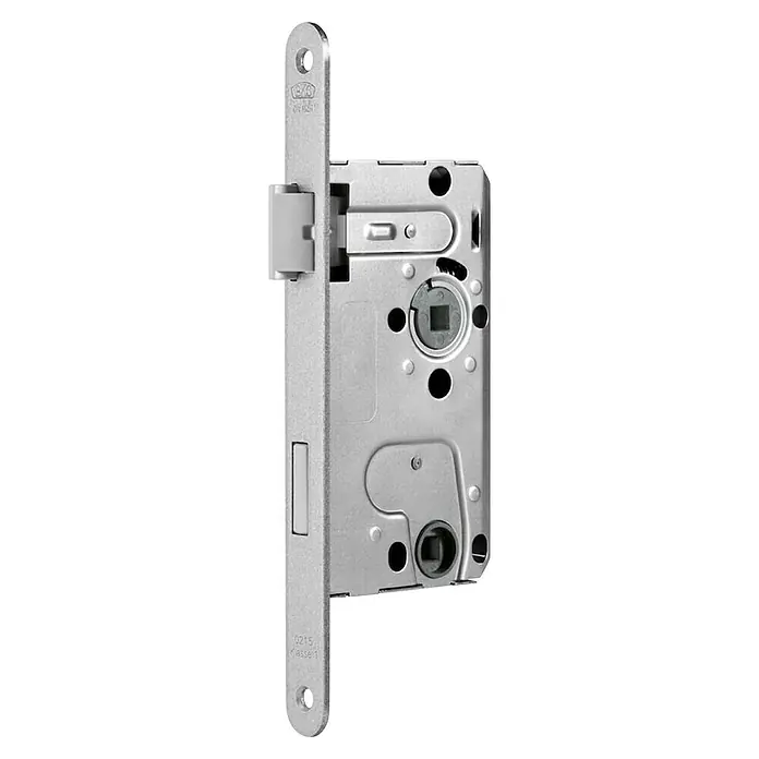 Bks Einsteckschloss 00215 - Links, Dornmaß: 55 mm, Distanznorm: 78 mm, Stulpbreite: 20 mm - Detailaufnahme eines silbernen Türschlosses mit verschiedenen Öffnungen und mechanischen Komponenten für den Einbau in eine Tür.
