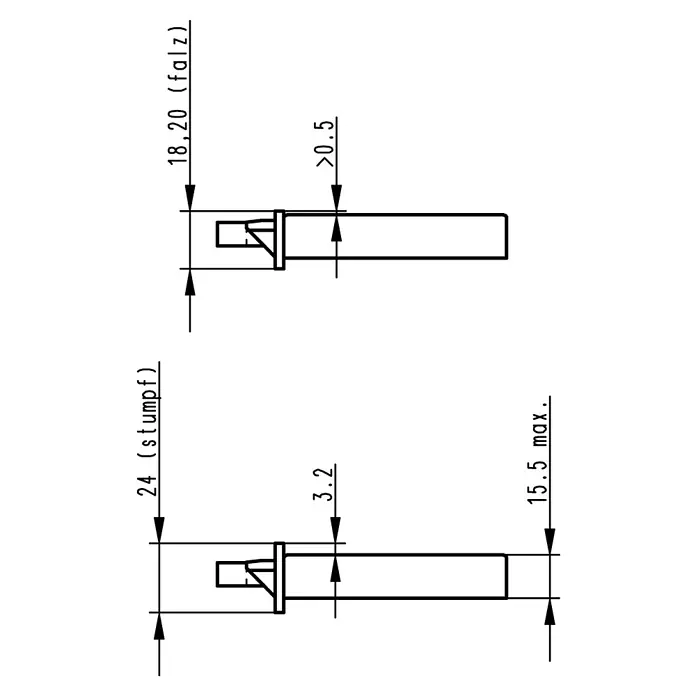 Bks Einsteckschloss 00415 - Links, Dornmaß: 55 mm, Distanznorm: 72 mm, Stulpbreite: 20 mm - Technische Zeichnung eines Bauteils mit den Maßen 24 (Stumpf) und 18,20 (Falz), sowie weiteren Details wie 3.2, >0.5 und 15.5 max.