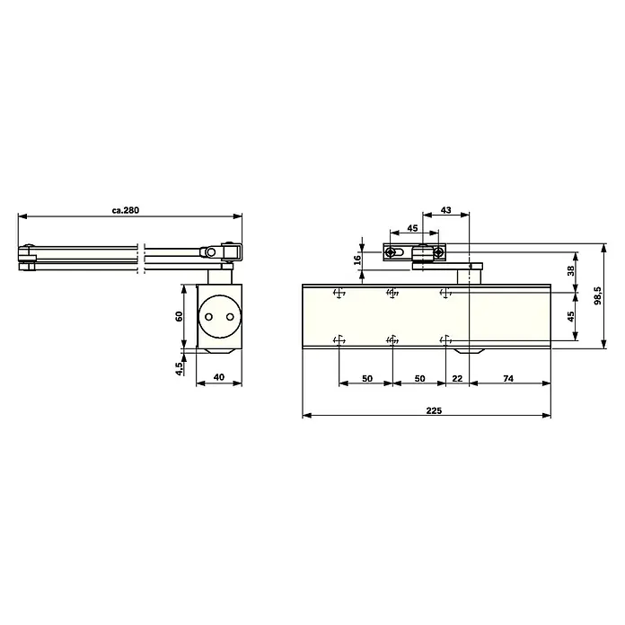 dormakaba Türschließer TS 73 V EN 2-4 - Silber, Max. Türbreite: 1.100 mm - Technische Zeichnung eines Türschließers mit Maßangaben zur detaillierten Produktbeschreibung.
