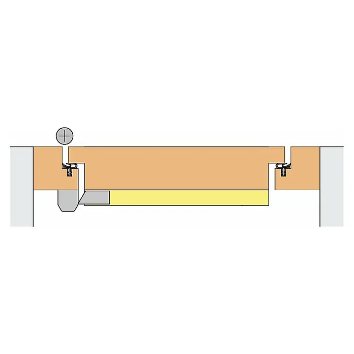 Athmer Türdichtung Wind-Ex - L x B x H: 985 x 13,5 x 44 mm, Farbe: Weiß - Querschnittsdarstellung einer Türdichtung. Die Dichtung ist in einem Holzbalken eingelassen, um Luftzug und Lärm zu reduzieren.