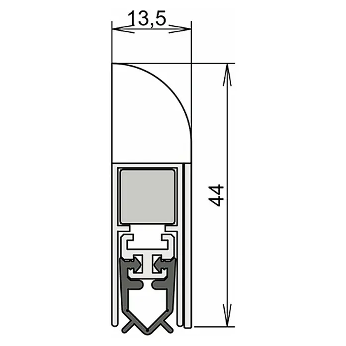 Athmer Türdichtung Wind-Ex - L x B x H: 985 x 13,5 x 44 mm, Farbe: Weiß - Darstellung eines Türdichtungsmodells mit den Maßen 13,5 und 44.