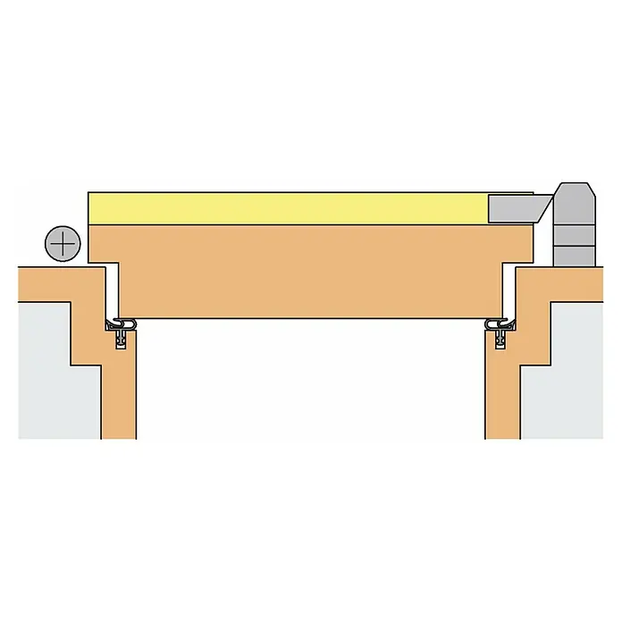 Athmer Türdichtung Wind-Ex - L x B x H: 985 x 13,5 x 44 mm, Farbe: Weiß - Detailansicht eines Türrahmens mit Dichtung und Beschlägen, die die Konstruktion und die funktionalen Elemente hervorheben.
