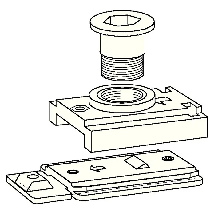 dormakaba Türfeststeller - Silber, Eloxiert, Passend für: Gleitschiene G-N (TS 91/92/93) - Eine detaillierte Illustration einer dreiteiligen mechanischen Baugruppe.